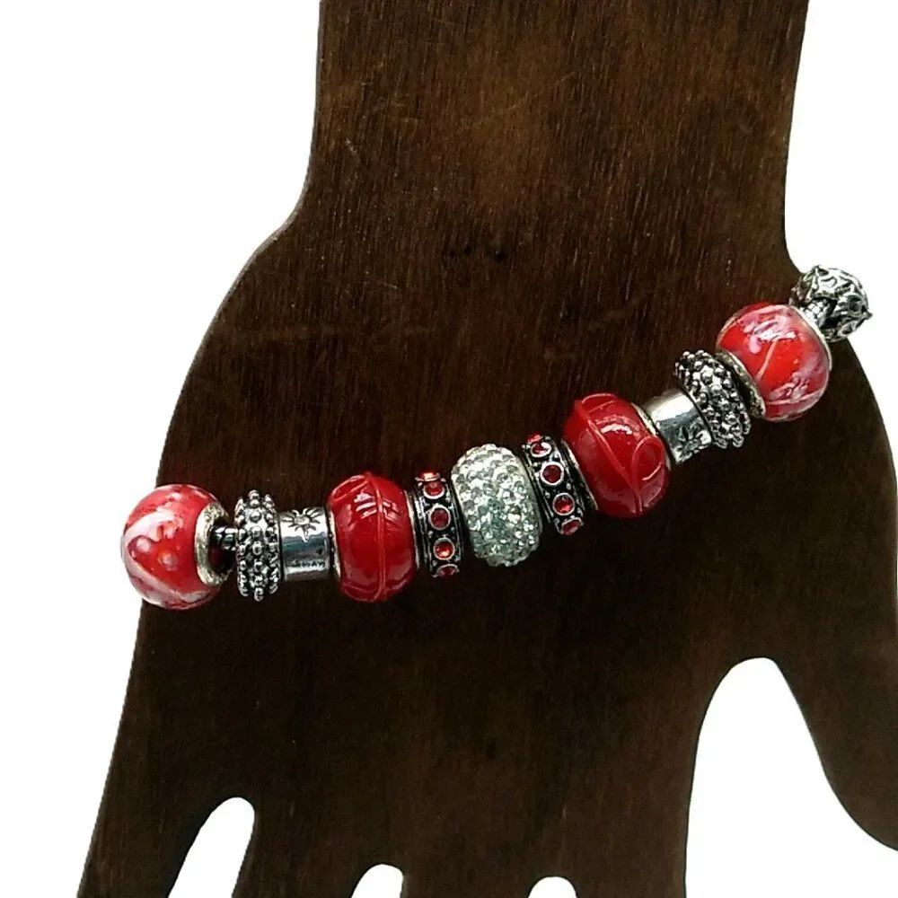 Bling Silver-tone & Red Beaded Charm Slider Bracelet on Snake Chain NWOT